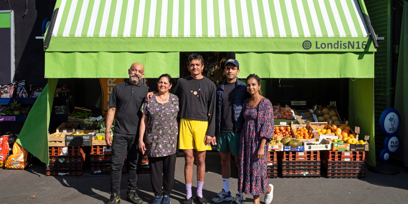 ‘London’s coolest corner shop’ … from left, Mayank, Anju, Priyesh, Alpesh and Neelam, outside Londis N16.