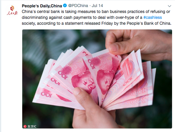 Snapshot of People's Daily, China, cashless ban central banks
