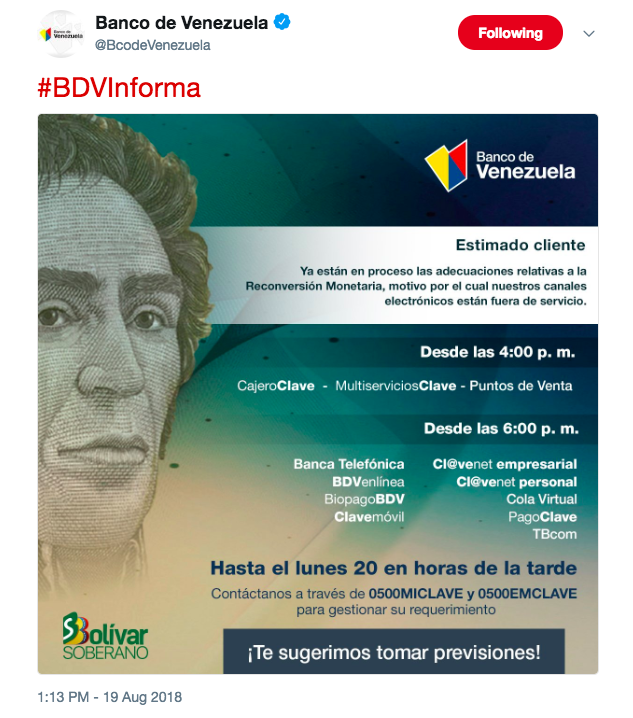 Snapshot from Banco de Venezuela Twitter account